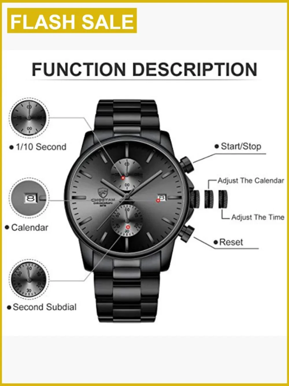Stainless Steel Chronograph Quartz Watch for Men Waterproof 3ATM